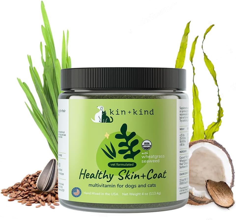 kin + rodzaj Organic Multivitamin dla psów i kotów - Suplement dla zwierząt domowych zdrowej skóry i płaszcz - Bezpieczny, Natural Formula z Wheatgrass, Kelp, Seaweed i kokosowy - Made in USA - 4 oz (Medium)