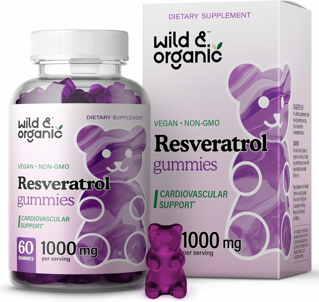 Wild & Organic Resveratrol Gummies 1000mg - Trans Resveratrol Supplement for Antioksydant, Brain, Immune Support - 60 Vegan, Non-GMO Antioksydant Gummies