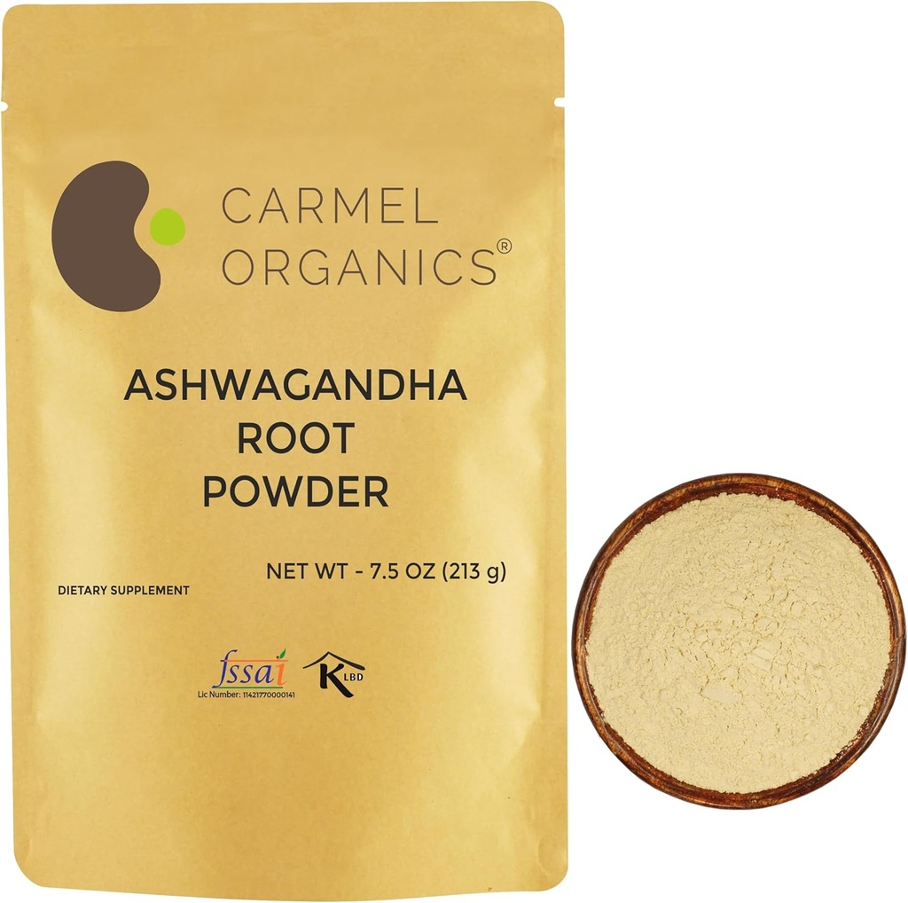 CARMEL ORGANICS Ashwagandha Proszek korzeniowy 7.5 Ounce, Nie GMO & Gluten wolny, naturalne, Withania Somnifera, Nie dodano konserwanty, bezpośrednio zabarwione od indyjskich rolników
