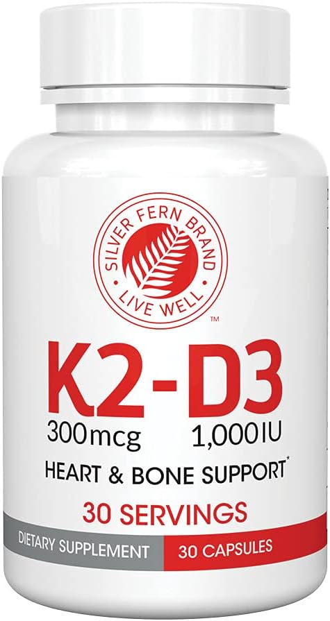Silver Fern Witamina K2- D3 Suplement Marka - Naturalny, Niesyntetyczny - K2- 7 jako Menaquinone- 7 (MK- 7) - D3 jako cholekalcyferol - Kości, Serce i Wsparcie energetyczne (2 Butelki - 60 Kapsułki - 60 Słupki)