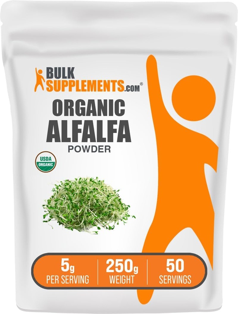 BulkSupplements.com Organic Alfalfa Grass Powder - Alfalfa Supplement, Green Superfood Powder - Wegan & Gluten Free, 5g na Serving, 250g (8.8 oz) (Opakowanie po 1)