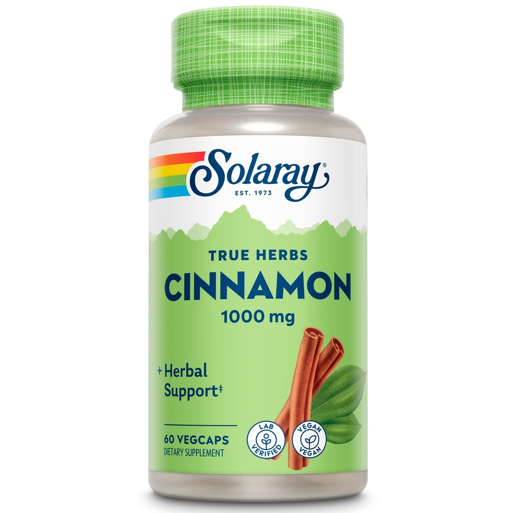 SOLARAY True Herbs Cynamon Bark 1000mg - Mielone dodatki cynamonowe - Wsparcie ziołowe dla ogólnego Wellness - Nie-GMO Projekt zweryfikowany - Kapsułki wegańskie, 60- Day Guarantee - 30 Służenia, 60 Kapsle wegańskie