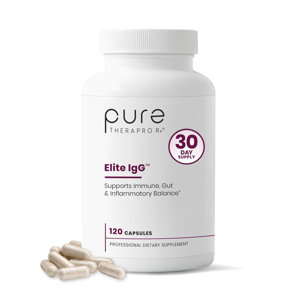 Pure Therapro Rx Elite IgG Immunoglobulin Supplement, 120 Caps - Gut Health & Immune Support, 1100 mg IgG, IGA & IgM, Sunflower Lecithin Through 124; Dairy & Gluten Free Colostrum Supplement Alternative