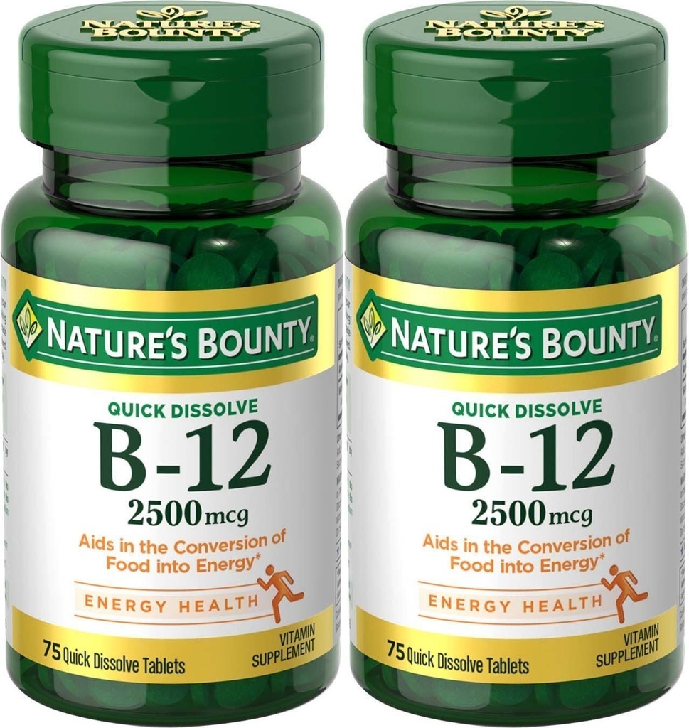 Natury Witamina Bounty B- 12, Szybki roztwór, 2500 µg, Natural Cherry Flavor 75 ct (2 opakowania)