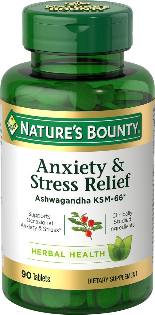 Nature 's Bounty Stress Relief, Ashwagandha KSM- 66, wspiera sporadyczne Relief Stress, Suplement diety, 2 Tabletki dziennie, Tabletki wegetariańskie, Gluten Free, 90 Ct