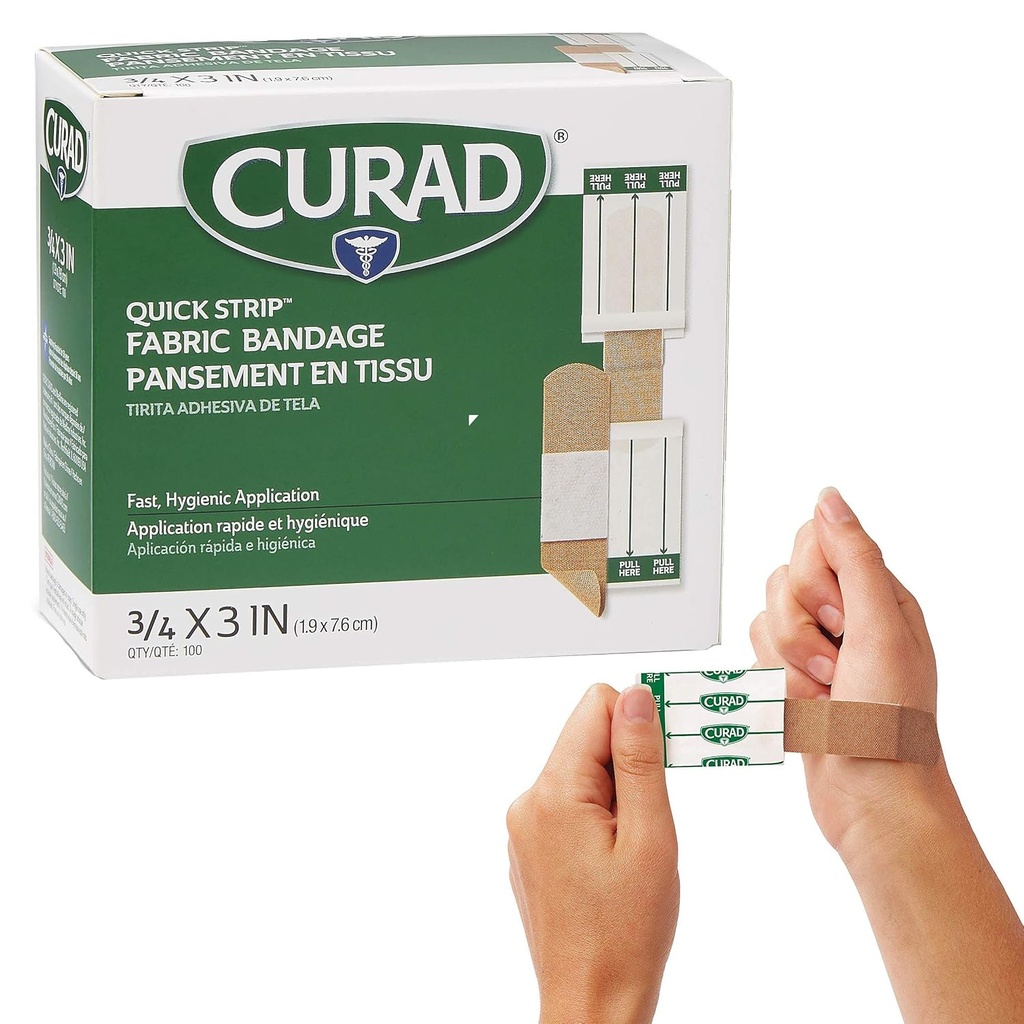 CURAD Quick Strip Bandery tkaniny adhesive sterylne z szybkim zastosowaniem, 3 / 4 "x 3", pudełko po 100