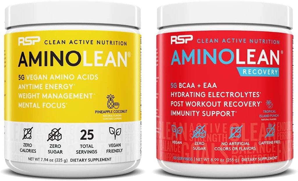 RSP NUTRITION Vegan AminoLean Pre Workout Energy (Ananas Coconut 25 Servings) z AminoLean Recovery Post Workout Boost (Tropical Island Punch 30 Servings)