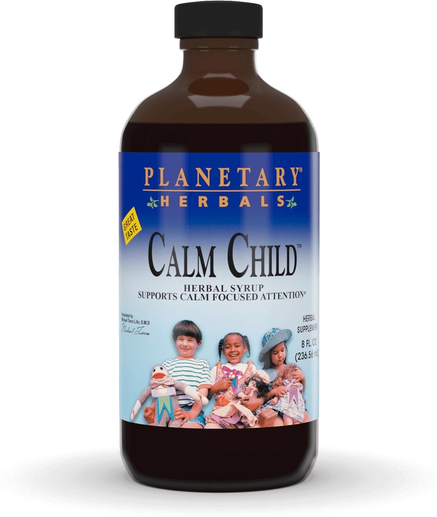 Planetarne Zioła Spokojny Syrop ziołowy dla dzieci - Zawiera kojący rumianek botaniczny, balsam cytrynowy, kocimiętka i więcej - 8oz