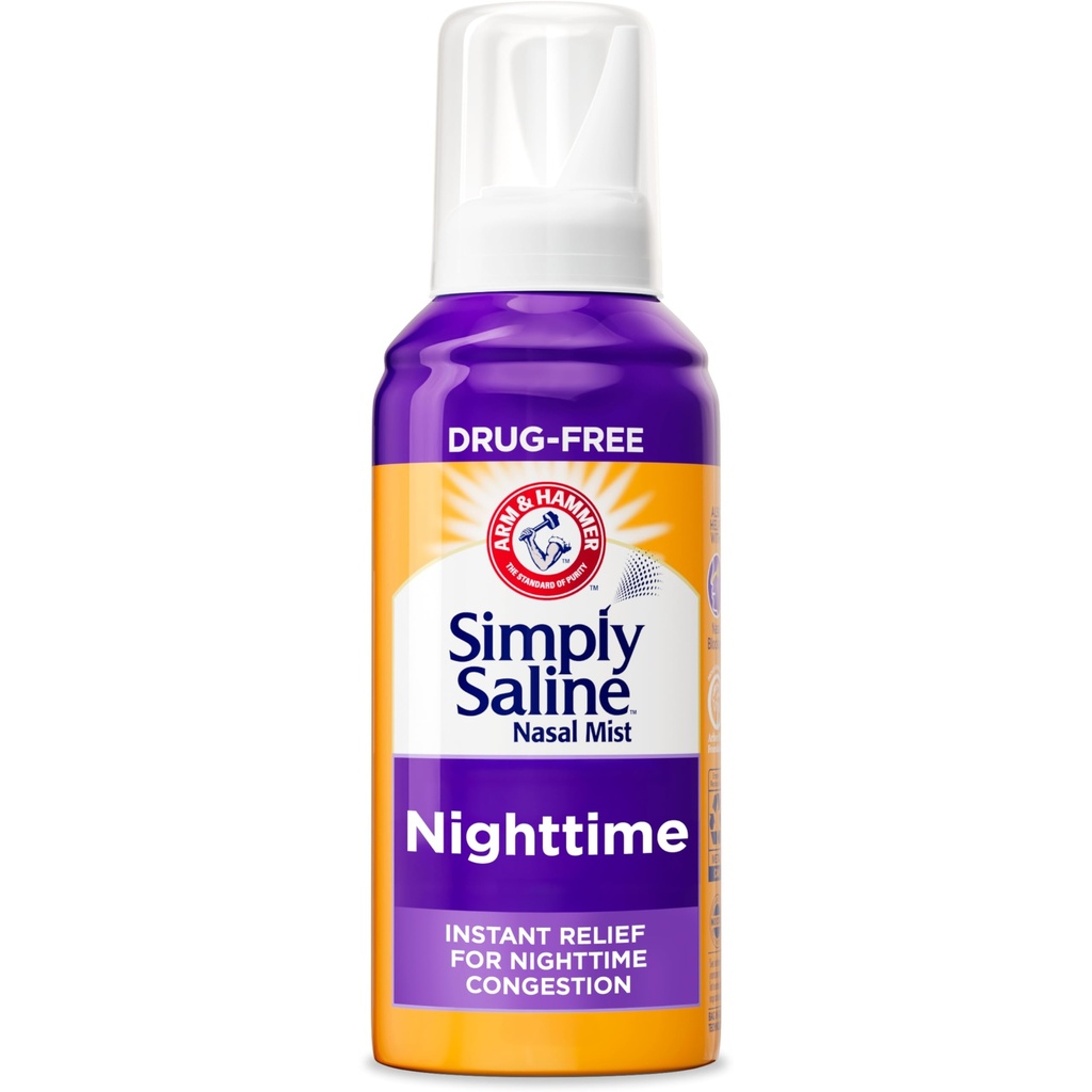 ARM & HAMMER Po prostu Saline Nighttime Drug-Free Mist do zatorów nosowych w nocy, Dodatkowa siła, Calming Eukaliptus, Bezpieczne w użyciu z Rx i OTC, Dla dorosłych i dzieci w wieku 2 +, 4.6 oz (129 g)