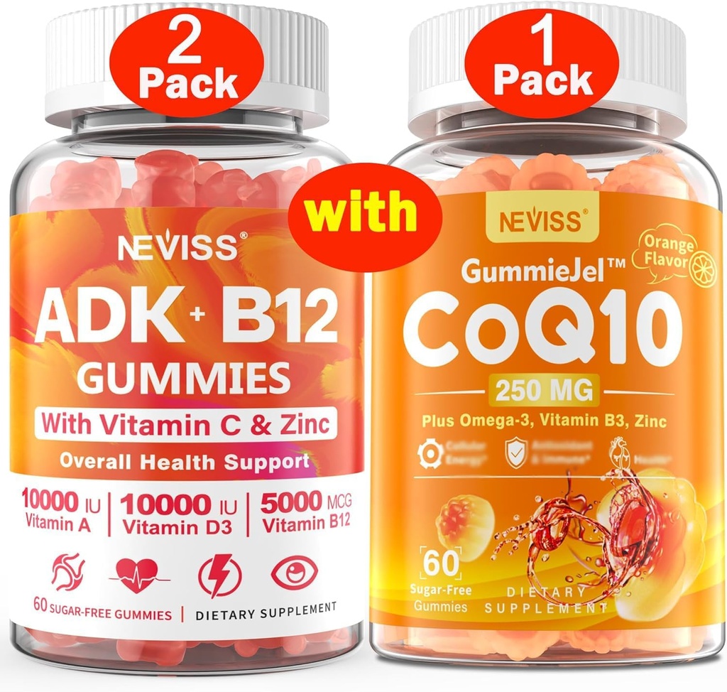 NEVISS 2Pack Witamina ADK z B12 Gummies + 1Pack CoQ10- 250mg Gummies napełnione