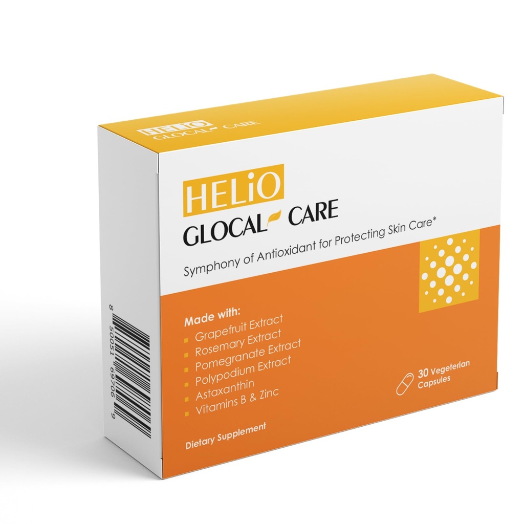GlocalCare Helio - Antyoksydant- bogaty Sun Defense & Suplement odmładzania skóry z Polypodium, Nutroxsun, Astaksantyna i Granat Extract - Fights Photoaging & Oxidative Stress - (30 Kapsułki)
