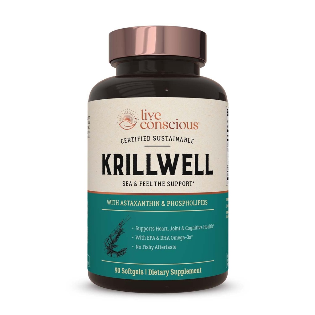 Live Conscious KrillWell, Joint, i wsparcie Cognitive 124; Certyfikowany zrównoważony olej kryla 2X Bardziej skuteczne niż olej rybny - 30 Day Supply
