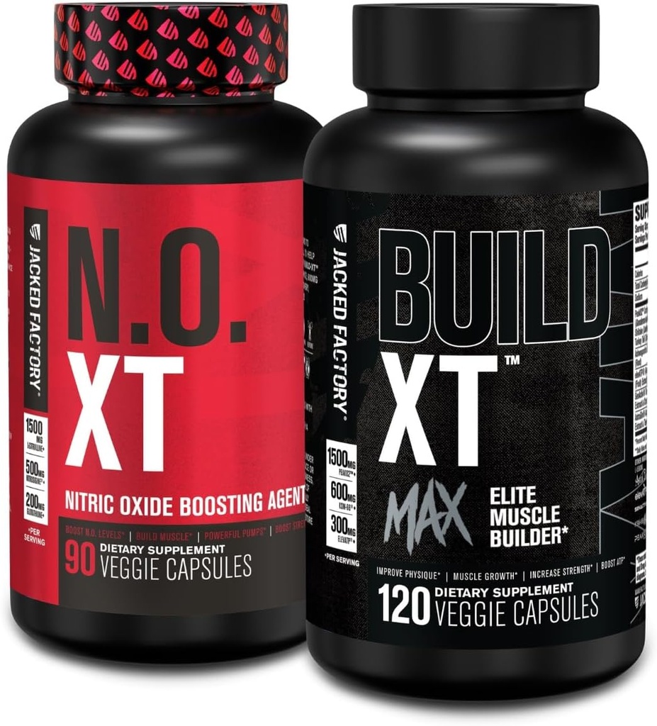 Jacked Factory N.O. XT Suplement tlenku azotu (90 Count) & Build XT Max Elite Muscle Builder (120 Count)