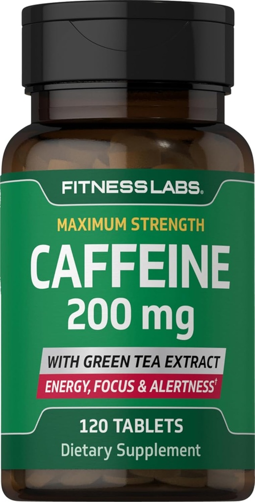 Fitness Labs Cafeline Pigułki 124; 200mg 124; 120 Tabletki 124; z Green Tea Extract 124; Maksymalny suplement siły 124; Wegetarian, Non-GMO, Gluten Free