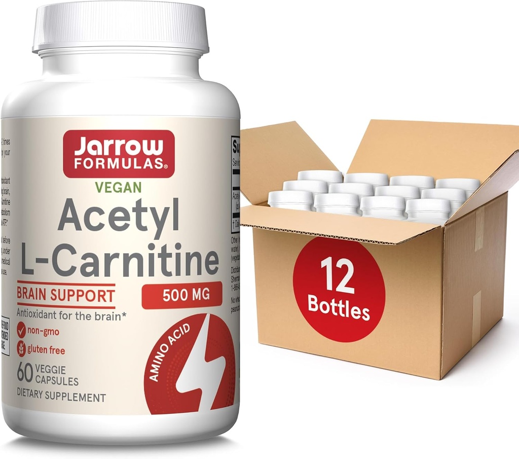 Jarrow Fixas Acetyl L- Carnitine 500 mg, Suplement diety, Amino Acid Support for Brain Health and Antioksydants, 60 Veggie kapsułki, 60 Day Supply (Opakowanie po 12)