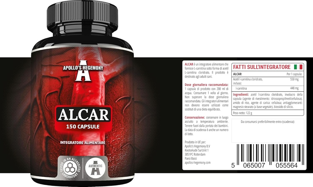APOLLO 'S HEGEMONY ACETYL L- Karnityna HCL 550 mg, ALCAR 150 Kapsułki wegetariańskie, 5 Miesiące dostaw, Wysoka wytrzymałość suplement aminokwasów, Wspomaga funkcje kognitywne i poziomy energii