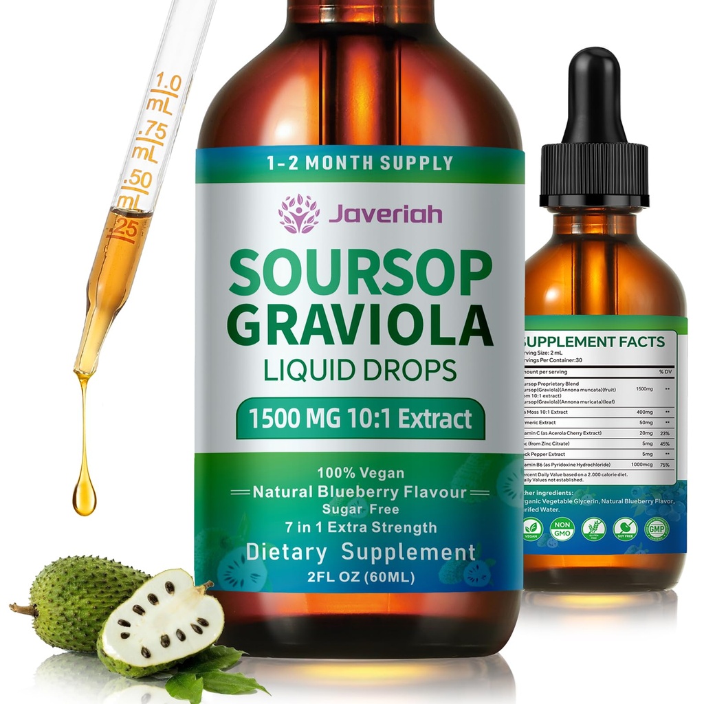Soursop Graviola Liquid Drops Supplement with Sea Moss Extract, Soursop Bitters Liquid for Cell Support & Regeneration, Immunitet, Wątroba, Przeciwutleniacz, Graviola Leaves Extract 2 Month Supply 60ML