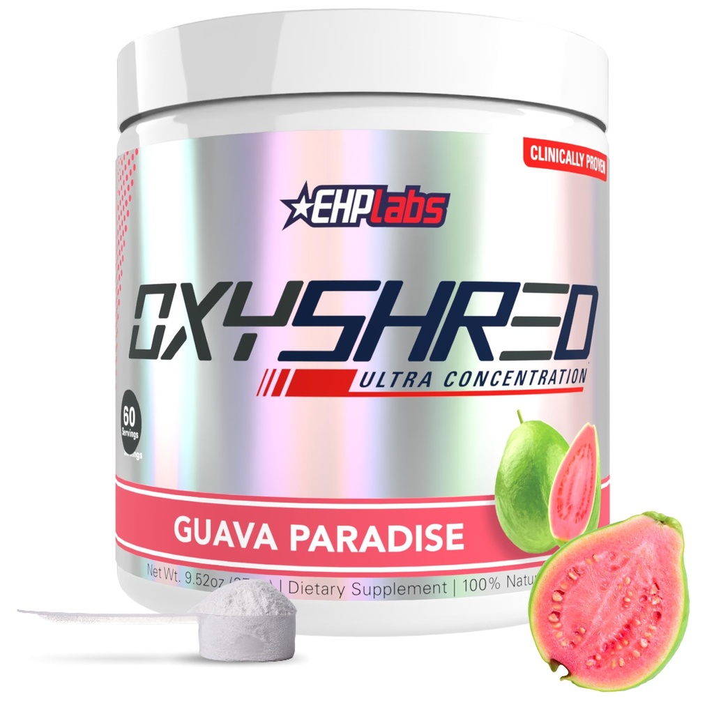 EHP Labs OxyShred przed treningiem proszek i suplement do rozdrabniania - Proszek do treningu z L glutaminy i acetylo L karnityny, Napoje energetyczne Boost - Guava Paradise, 60 Służenie