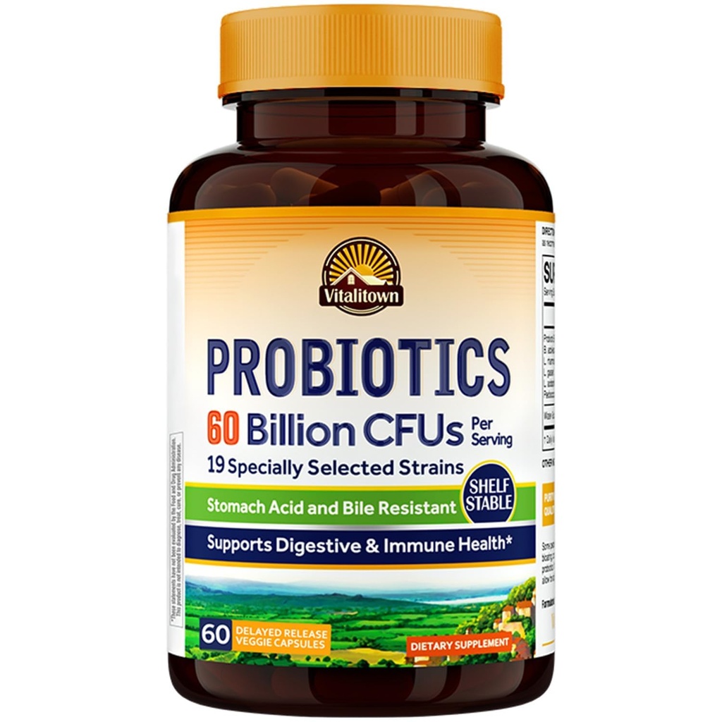 Vitalitown Probiotics + Prebiotyka 124; 60 Miliard CFU 19 Szczepy 124; 60 Opóźnione uwalnianie Veg Caps 124; Wytrzymałość na półkę, Prebiotyki i Probiotyki 124; Zdrowie pokarmowe, Zdrowie immunologiczne 124; Wegan, Non-GMO, No Dairy
