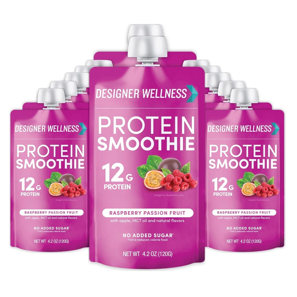 Designer Wellness Smoothie Protein, Prawdziwe owoce, 12g białka, Niskie węglowodany, Zero dodawany cukier, Gluten- free, Nie-GMO, Brak sztucznych kolorów lub aromatów, Malina Passion Fruit, 12 Hrabia
