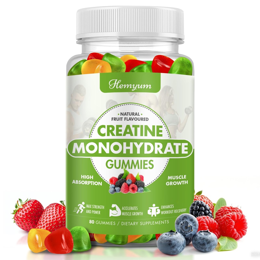 Jednowodzian Gummie - 5g Kreatyna dla Kobiet, Zwiększona siła mięśni, Wzmacnianie ostrości i wytrzymałości, Muscle Builder, L- Tauryna + Witamina B12, Wegan, Gluten- Free 80 Count