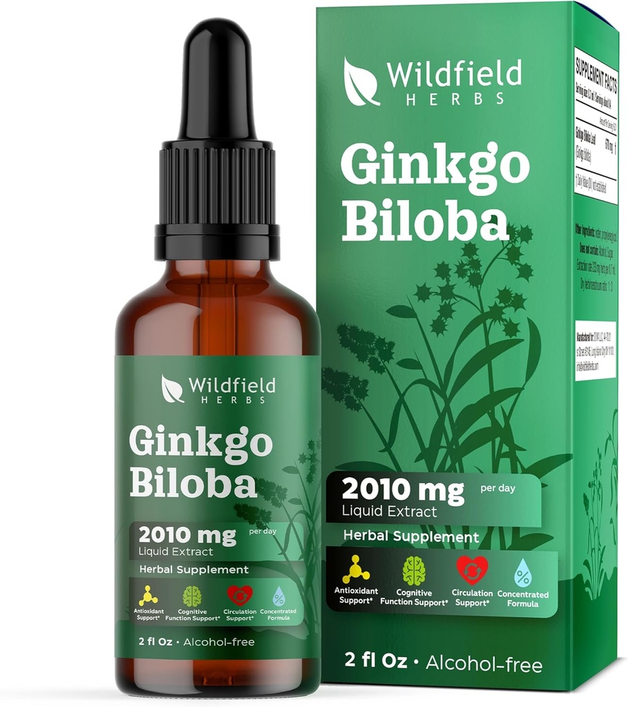 Ginkgo Biloba Extract Drops Liquid 2000mg (Ginkgo biloba L.) Herbal Supplement Absorbs Better Than Kapsułki, 1 Miesiąc dostaw, 84 Sługi, Bezalkoholowe nalewka - 2 Oz, Opakowanie 1