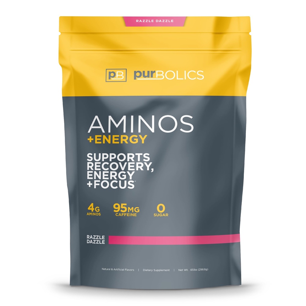 Aminos + Energia 124; Wspomaga odzyskiwanie energii, Energia & Focus 124; 95mg kofeiny, 0 Cukru & 60 Służenia (Razzle Dazzle)
