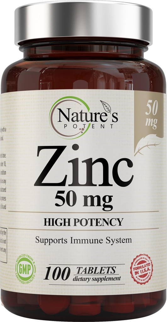 Cynk 50mg [Wysoka potencja] Suplement - Immune Support System from Natural Cynk (tlenek / cytrynian) 100 Tabletki, Made by Nature 's Potent.