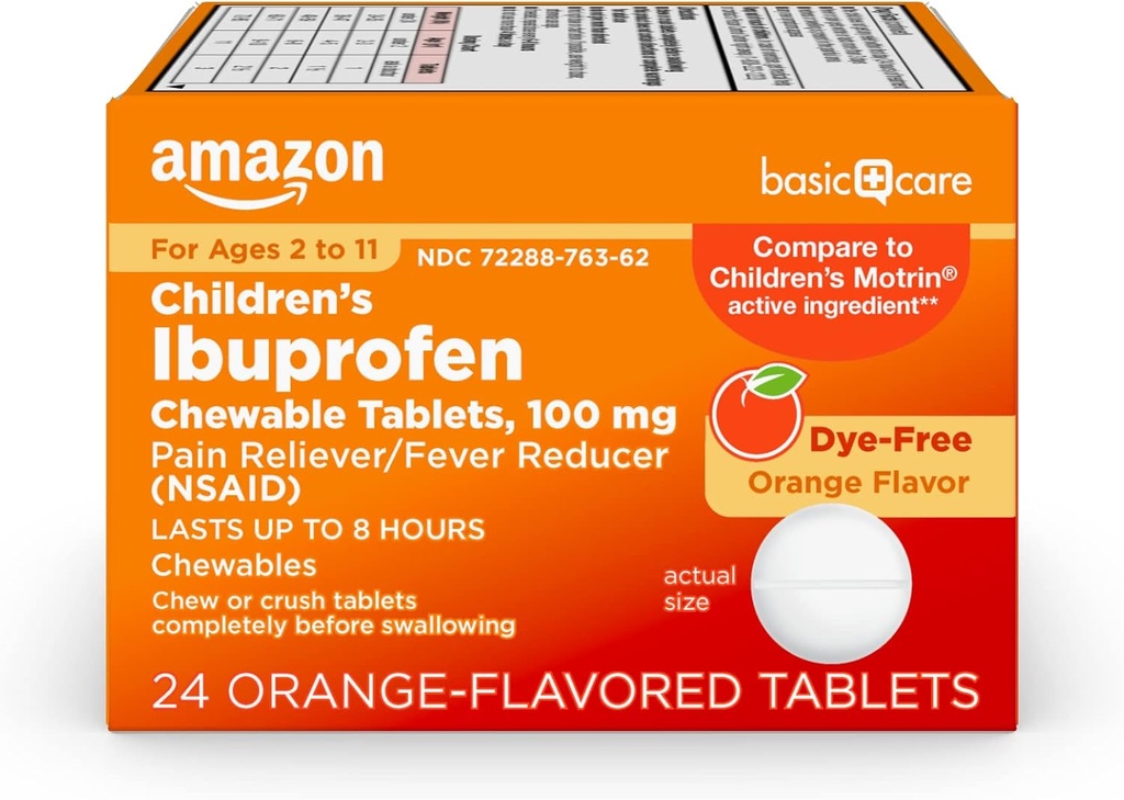 Opieka podstawowa Ibuprofen tabletki do żucia dla dzieci, Reliever Pain i Fever Reducer, Flavor pomarańczowy, Wiek 2- 11, Trwa do 8 godzin, 100 mg, 24 Hrabia