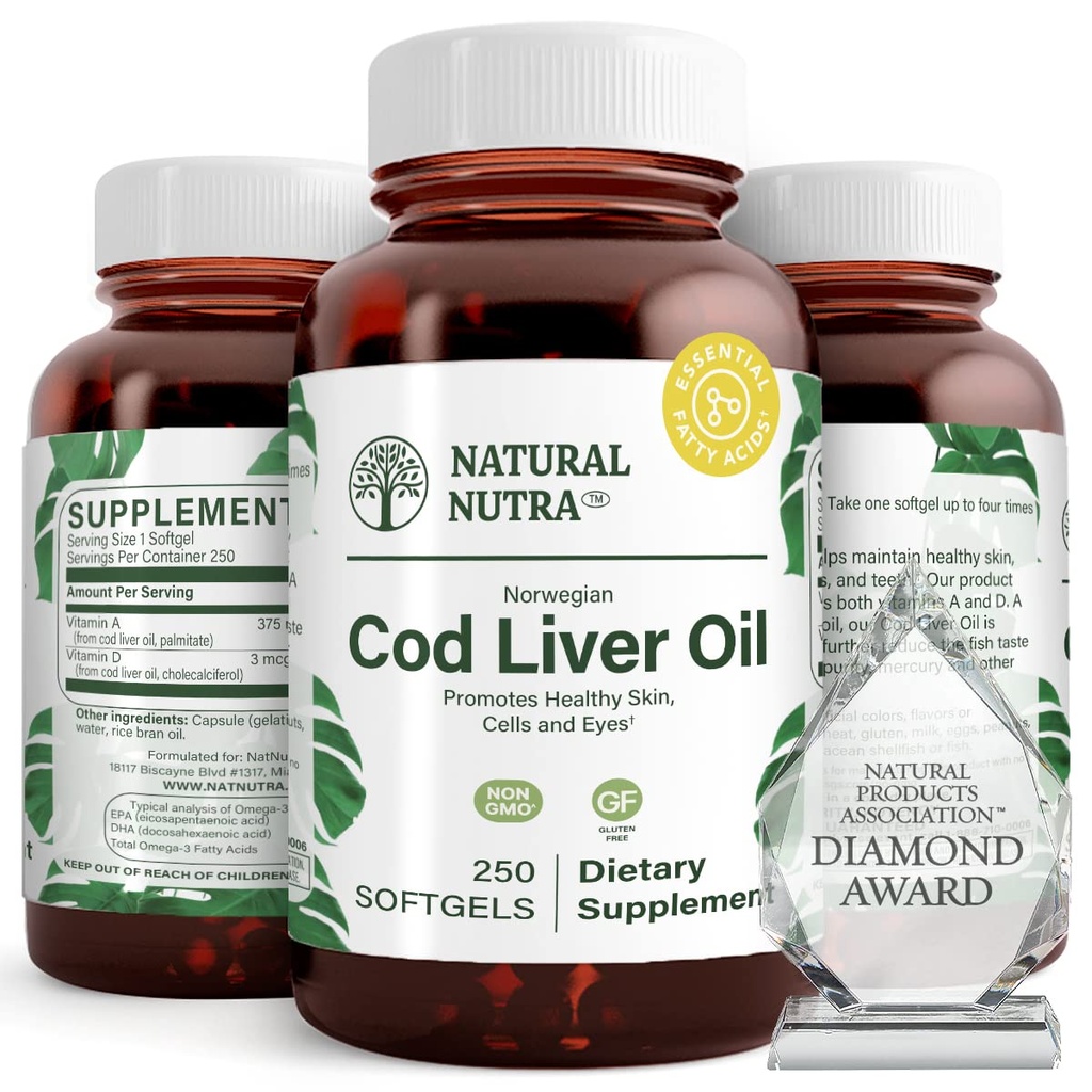 Naturalne Nutra Norweski Cod Liver Oil Supplement, Pomaga utrzymać skórę, Pomaga utrzymać gęstość ciała, Eye Health & Nerve Function, Promotes Dental Health, Wspiera zdrowie układu krążenia, 250 Softgels