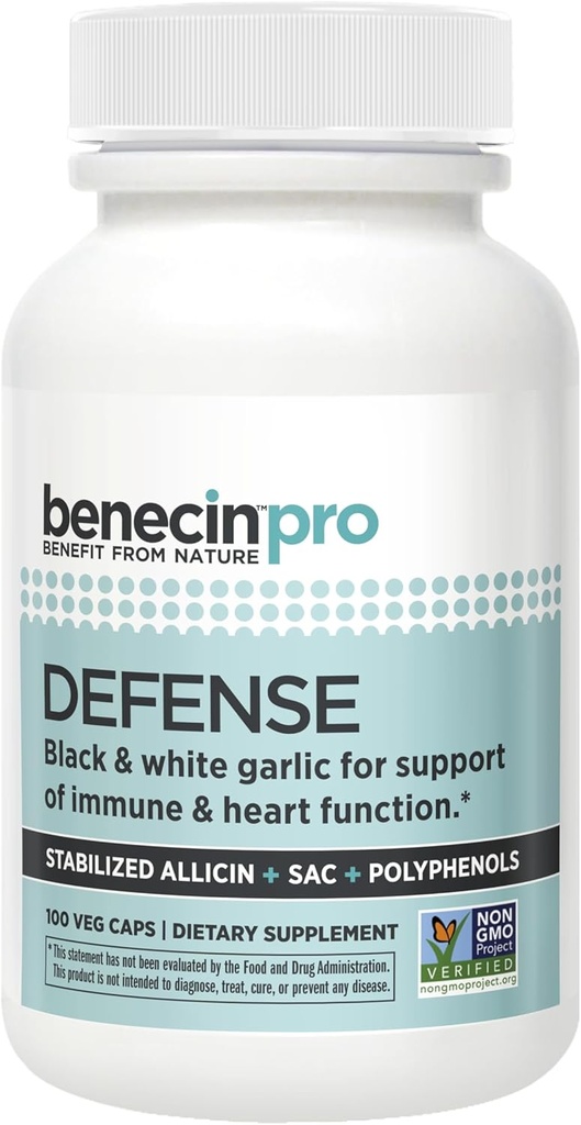 Benecin Defense PRO 3000 mcg Stabilizowany Allicin na kapsułki 124; Plus wysokie ilości SAC i polifenoli z czarnego czosnku 124; Potężne wsparcie immunologicznego i funkcji serca Kapsułki wegetariańskie (Opakowanie 100)