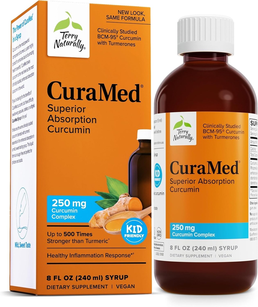 Terry Natural CuraMed Syrop - Suplement Wspomagania Zdrowia Mózgu i Immune - Formuła absorpcji kurkuminy z Turmeric Esential Oil - Suplement Gluten- Free & Vegan - 8 fl oz