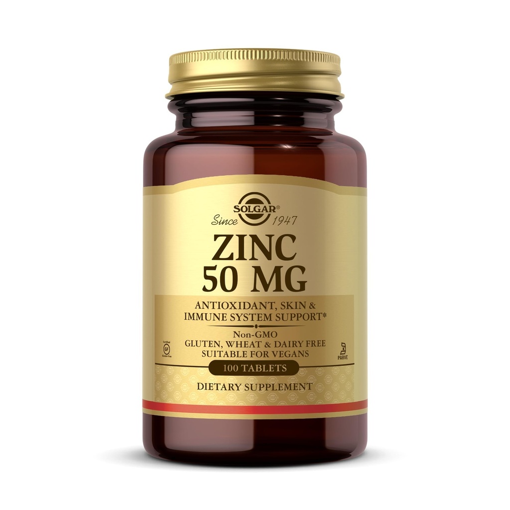 Solgar Cynk 50 mg, 100 Tablets - Cynk do zdrowej skóry, Smak & Wizja - System immunologiczny i przeciwutleniacz Wsparcie - Wspiera wzrost komórek i tworzenie DNA - Nie GMO, Wegan, Gluten Free - 100 Sługi