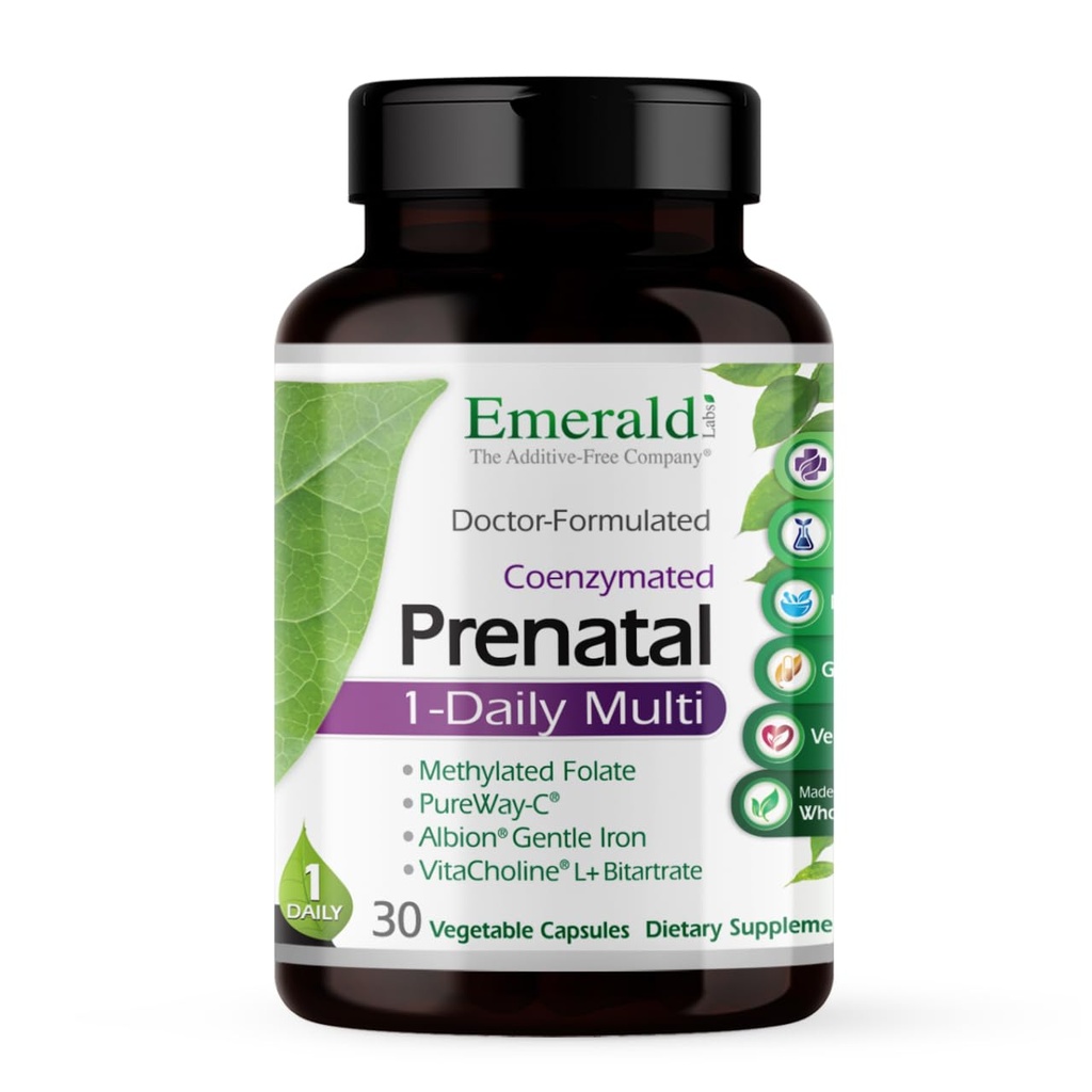Emerald Labs Prenatal 1- Daily Multi - Prenatal Multivitamine with Methylled Folate, Żelazko, Whole- Food Blend & More - Soy- Free, Gluten- Free - 30 Kapsułki roślinne