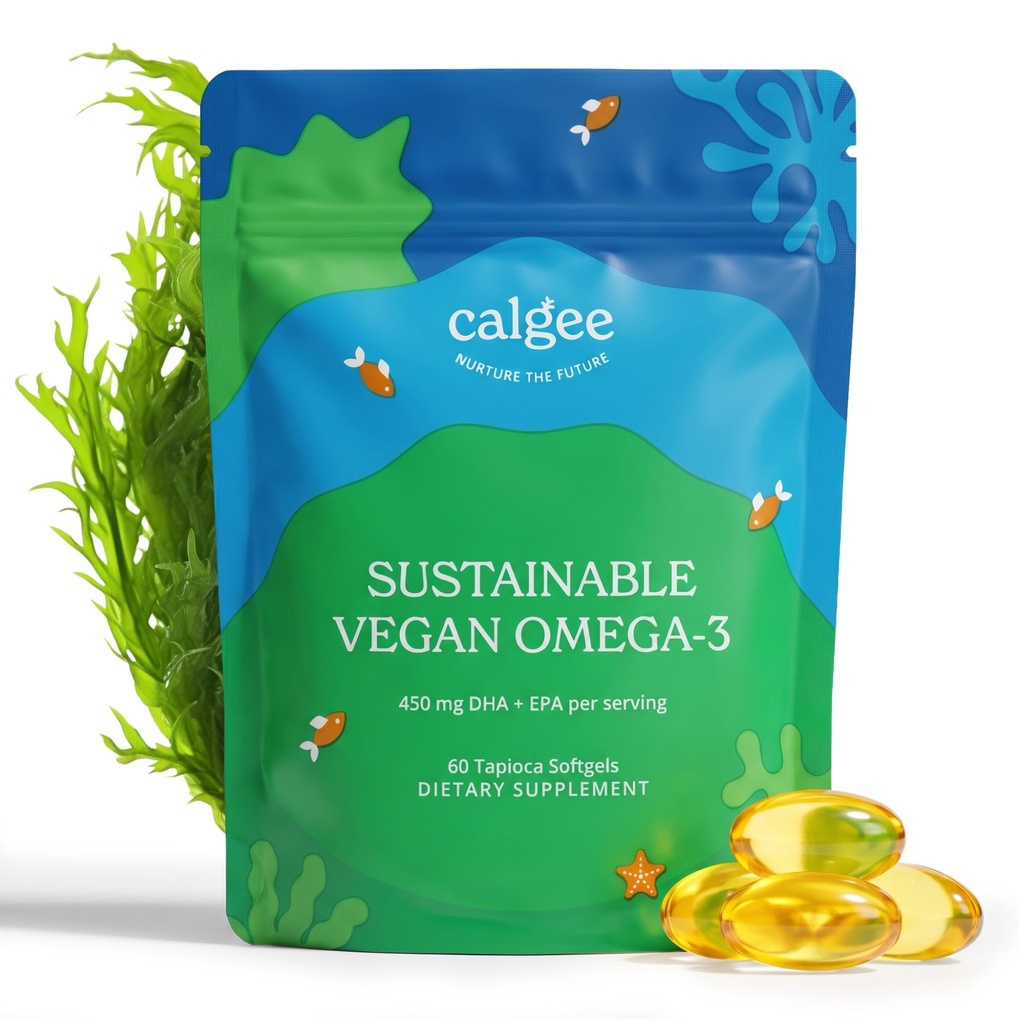 Calgee Vegan Omega 3- 450mg DHA & EPA Acids Fatty - Sustainable Algae Oil - Plant- Based Fish Oil Alternative - Carrageenan- Free Softgels (60 Ct)