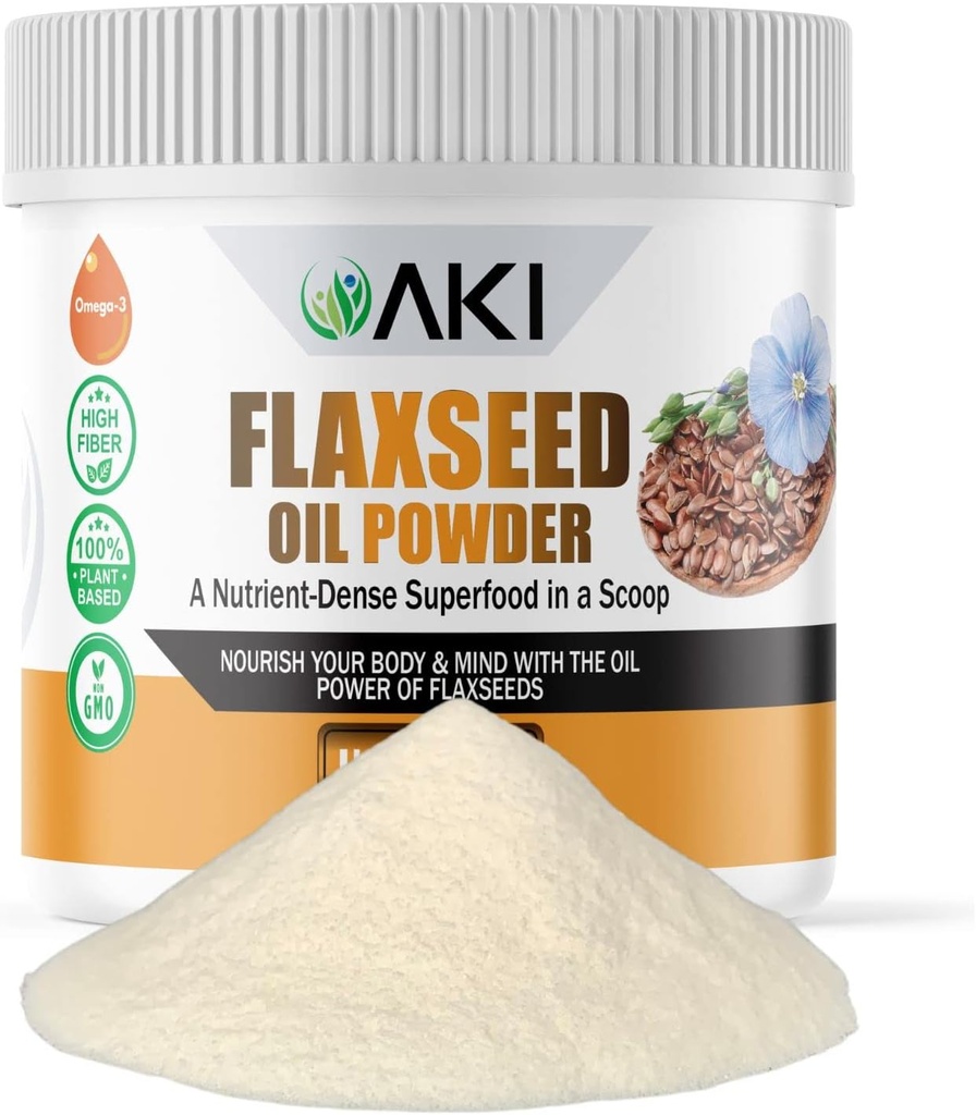 AKI Flaxseed Oil Powder - Pakowane z podstawowych składników odżywczych, takich jak kwasy tłuszczowe Omega-3, Włókno, & Lignans - wolne od sztucznych dodatków, Made with Ideal Quality Ingredients (5.30oz / 150g)