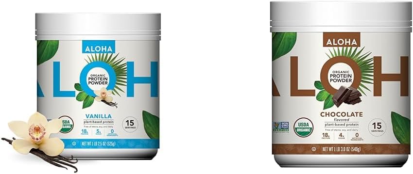 ALOHA Organic Plant Based Protein Powder Bundle, Vanilla 19.6 oz & Czekolada 19.6 oz, 15 Słupki każdy