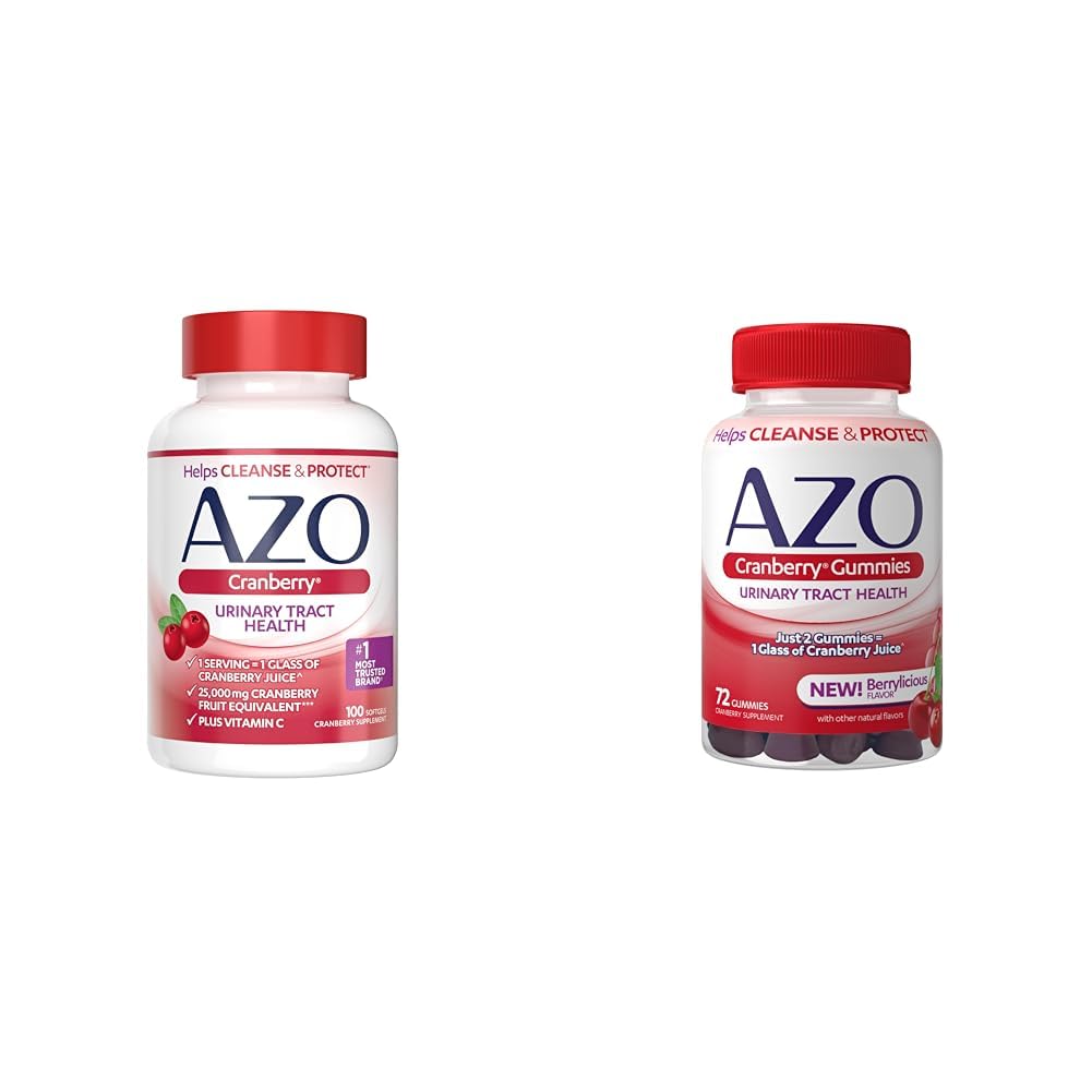 AZO Żurawinowe Urynary Tract Suplement zdrowia Softgels & Gummies, 1 Softgel / Gummy = 1 Sok z żurawiny szklanej, Bez cukru, Non-GMO, 100 Softgels & 72 Gummies