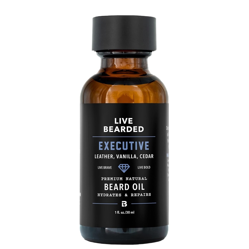 Live Bearded Beard Oil, 1 fl oz - Premium All-Natural Jojoba - Made in the USA - Hair and Skin Care for Men with Dry, Flaky Patches | Executive Scent - Cedar, Vanilla