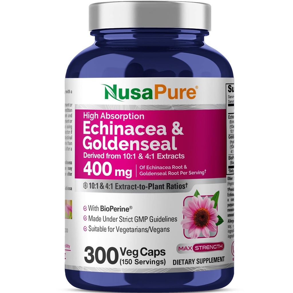 NusaPure Echinacea Goldenseal 200mg, (Extract 10: 1, Ekwiwalent 2000 mg), 200mg, (Extract 4: 1, Ekwinacea 800 mg) - 2800mg 300 Veggie Caps (Vegetarian, Non-GMO, Vegan)