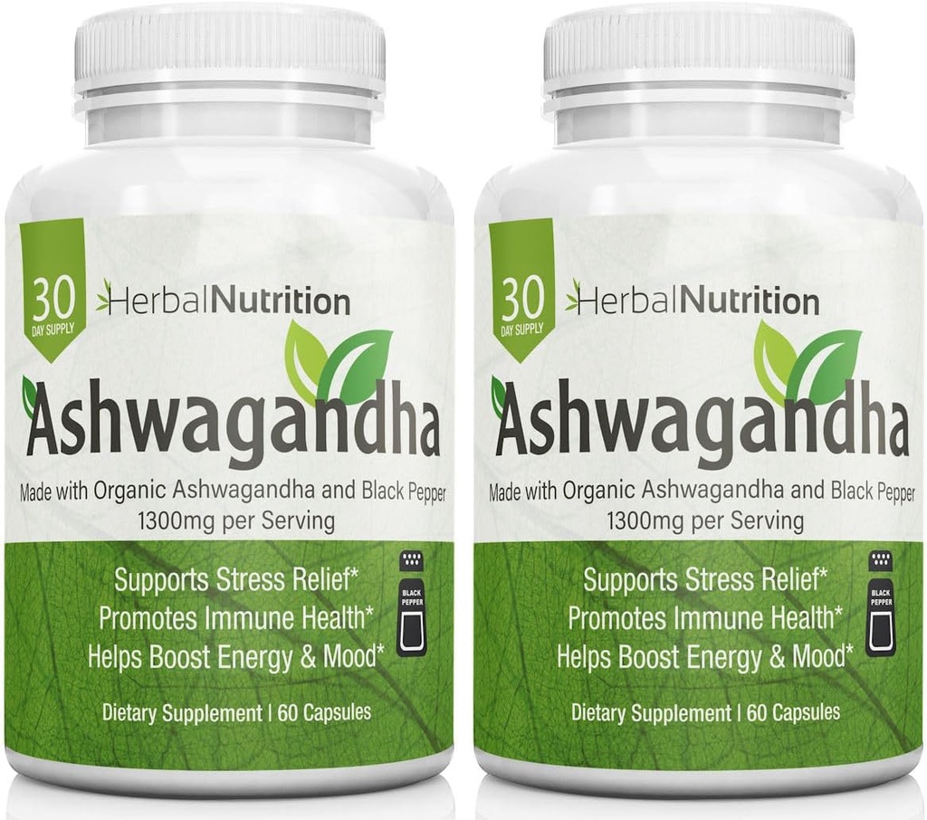 Herbal Nutrition Organic Ashwagandha 1300mg Max Siła, Dwa Butelki Pack, 120 Kapsułki Plus czarny pieprz dla dostępności biologicznej