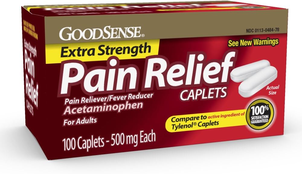 GoodSense Dodatkowa ulga bólowa - Acetaminofen Caplets 500 mg - Ból głowy, Mięśnie Ache, Zapalenie stawów Relief, 100 Count