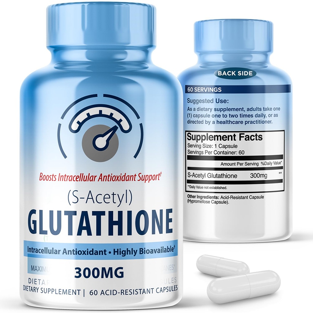 S- Acetyl L- Glutatione 300mg - 60 Kapsułki odporne na działanie kwasu octowego, Wysoka Biodostępność S Acetylo Glutatione Suplementy dla Zdrowia wątroby i skóry, Suplement Kapsułki wsparcia przeciwutleniacza