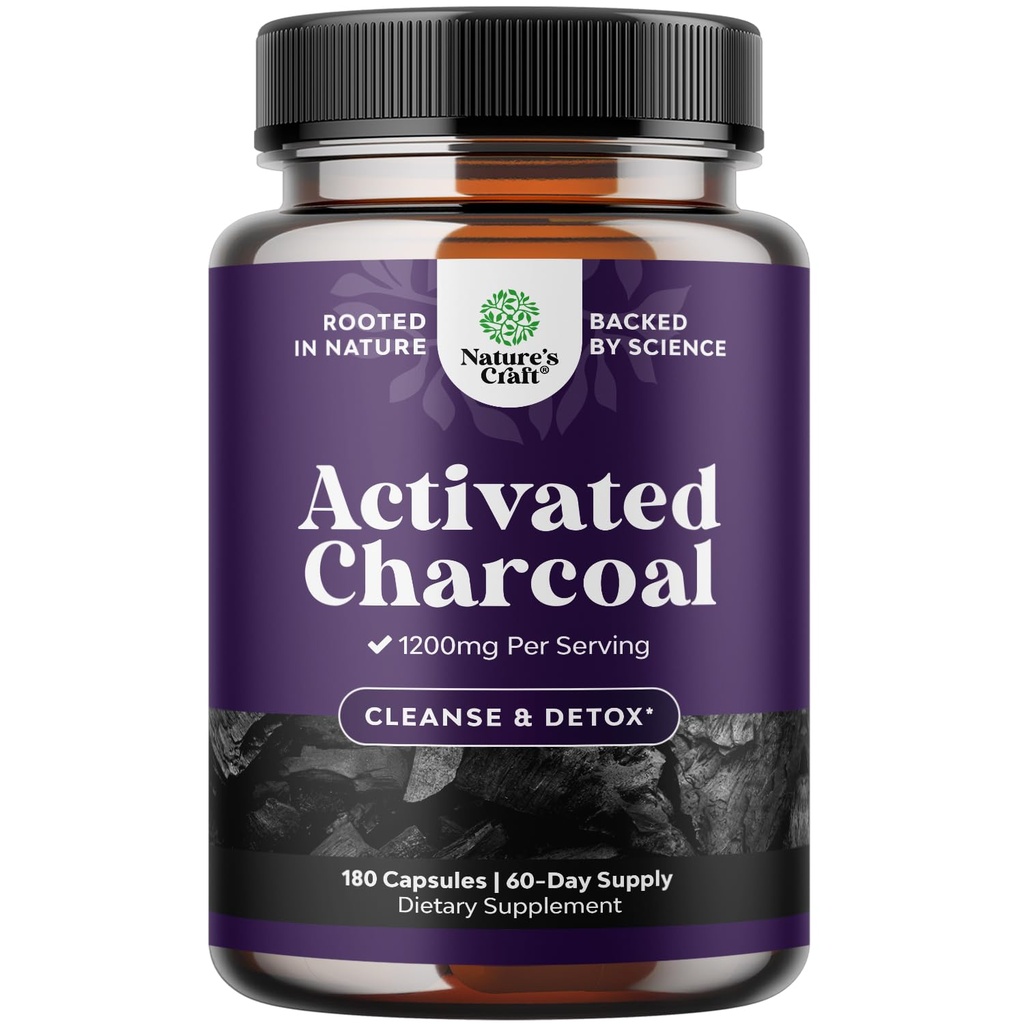 Nations Craft Aktywowane Pigułki Węglowe Detox & Cleanse - Oczyszczanie kapsułki kokosowe z 1200 mg na Podawanie dla Bloating Relief - Aktywny suplement Detox dla Body & Gut Health -180