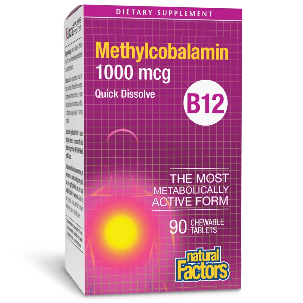 Czynniki naturalne, Witamina B12 Metylokobalamina 1000 µg, Wsparcie do żucia dla energii i zdrowia immunologicznego, Wegetarianin, Gluten Free, 90 tabletek (90 porcji)