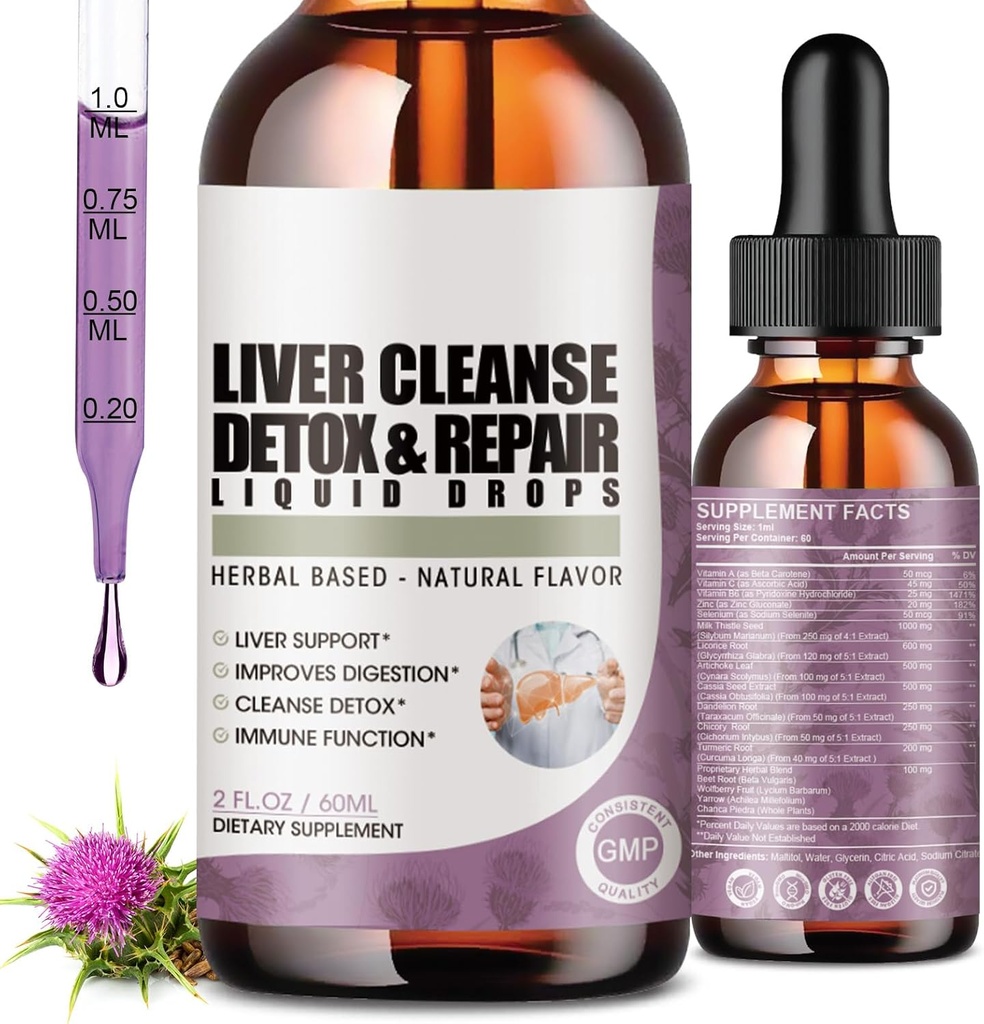 2 Pack Liver Cleanse Detox & Napraw krople płynne z mlekiem Tistle, ekstrakt z karczocha, suplement wątroby do czyszczenia wątroby & Detox, Przeciwutleniacz, Poparcie pokarmowe, Wegan - 4 Fl Oz