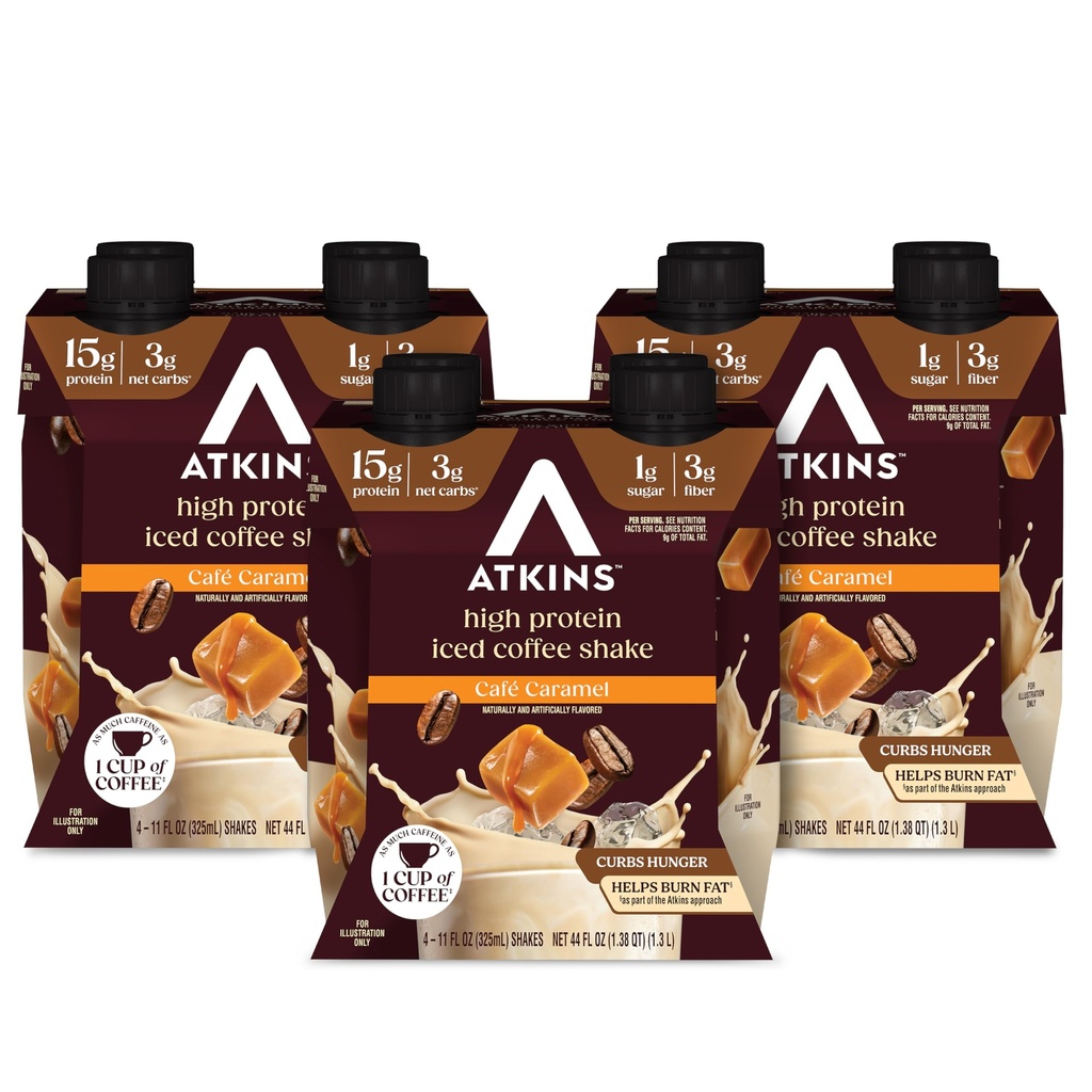Atkins Café Karmel Kawa mrożona Wstrząs białkowy, Wysokie proteiny Shake, Niskie Glicemia, Niskie węglowodany i niski cukier, Keto Friendly, Gluten Free, 12 Count