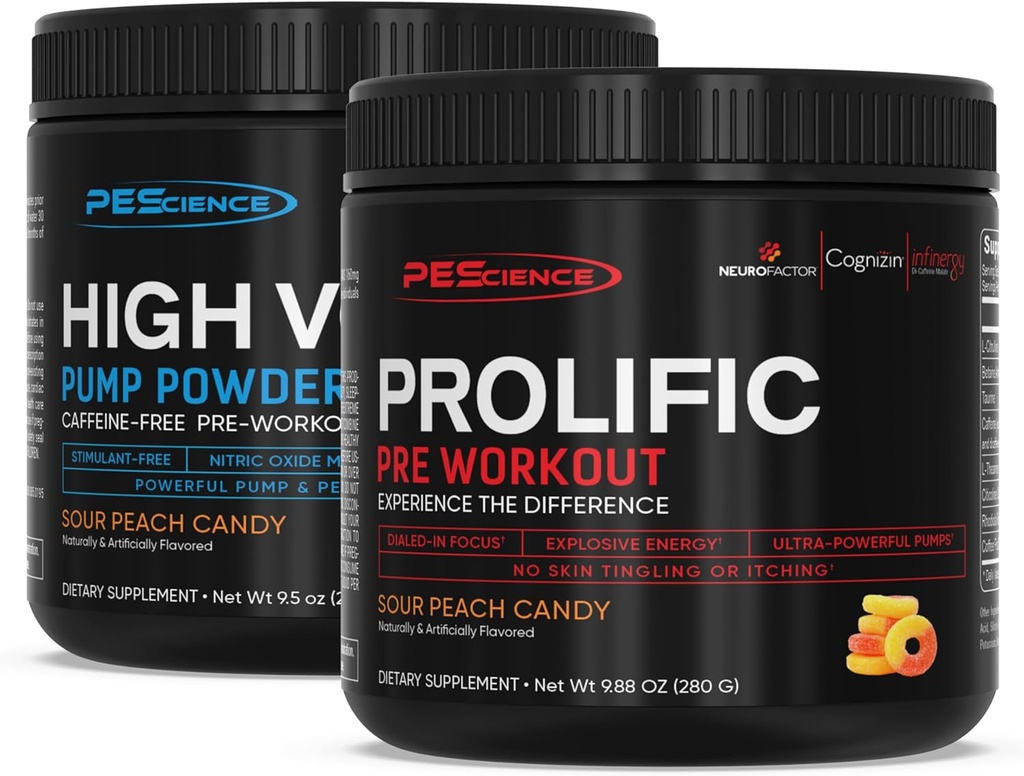 Pescience Pre Workout Stack - Prolific & High Volume, Sour Peach Candy, Acidic Oxide Booster - 40 & 36 Scoops, L Arginine Nitrate, L Citruline, Pre Workout Powder for Men & Women