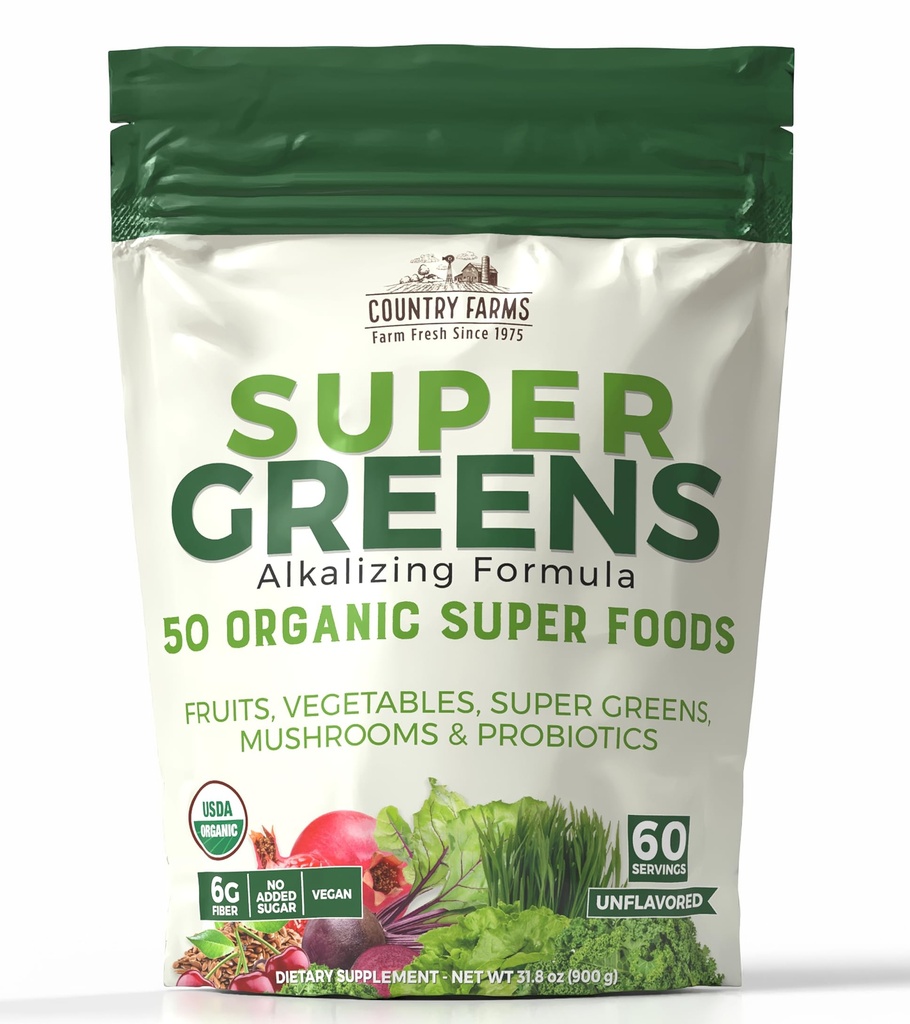 Gospodarstwa wiejskie Super Zielone Natural Flavor, 50 Organic Super Foods, USDA Organic Drink Mix, Owoce, Warzywa, Super Zielone, z włóknami, Grzyby i Probiotyki, Wsparcie energii, 60 Służenia, 900g