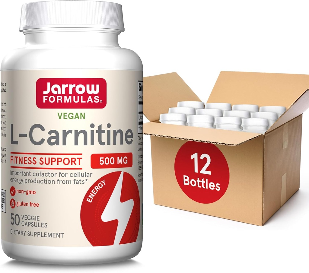 Jarrow Fixas L- Carnitine 500 mg, Suplement diety, Wsparcie dla produkcji energii komórkowej, 50 Kapsułek wegetariańskich, 50 Day Supply Daily (Opakowanie 12)